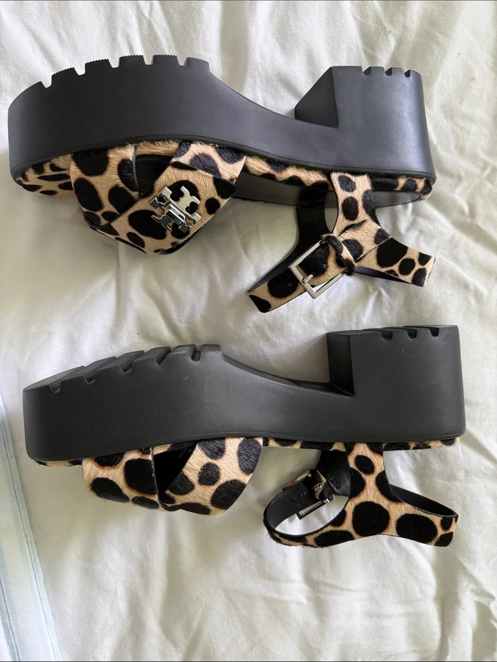Tory Burch Leopard Print Platform Sandals in Tan and Black